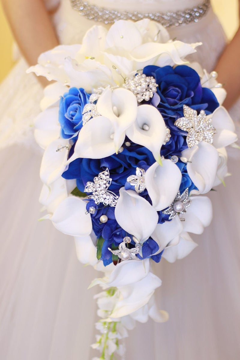 IFFO New Bridal Bouquet, Wedding Flowers, Calla Lilies, Artificial Flowers, Waterfalls, Water Drop Style, Collection Decorations (Royal Blue) - Image 1